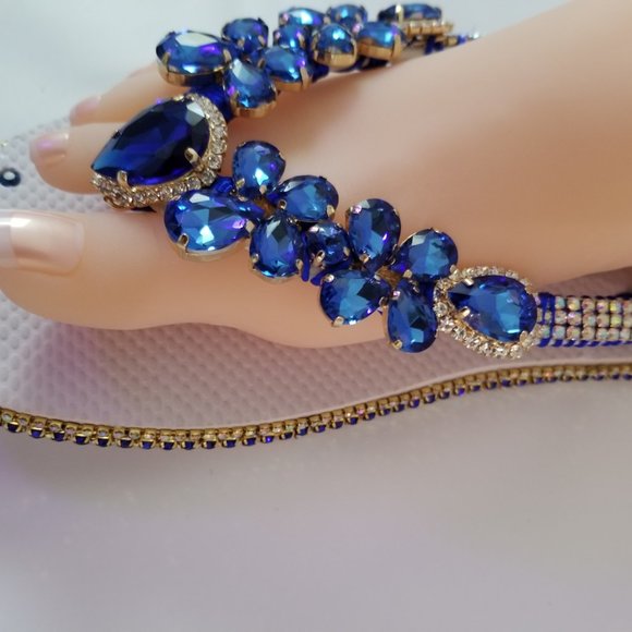 Luxury flip flops with crystals and rhinestones..White and Blue - Picture 14 of 16